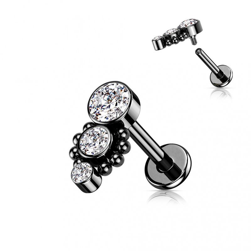Lana 3 Stones Internally Threaded Labret Black Clear
