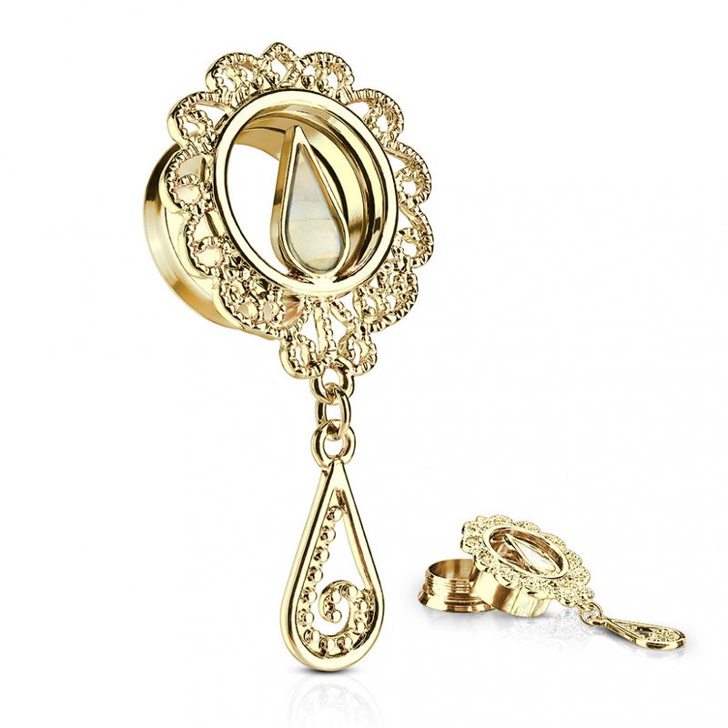 Mother of Pearl Inlaid Tear Drop Screw Fit Tunnels Gold