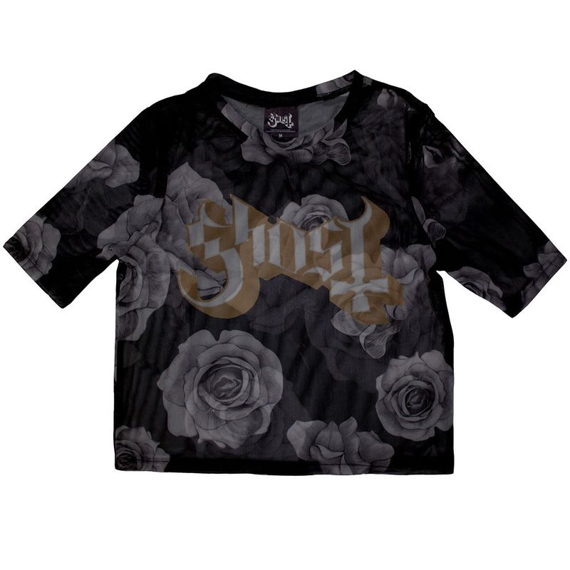 Ghost Ladies Crop Top Logo & Roses Mesh