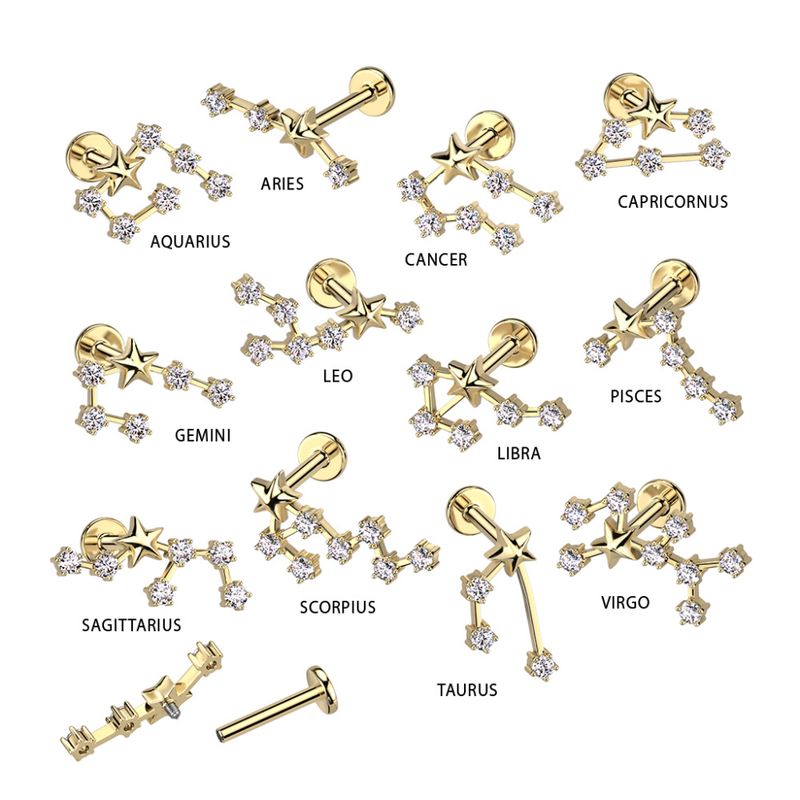 Zodiac Constellation Internally Threaded Labret Aquarius Gold Clear