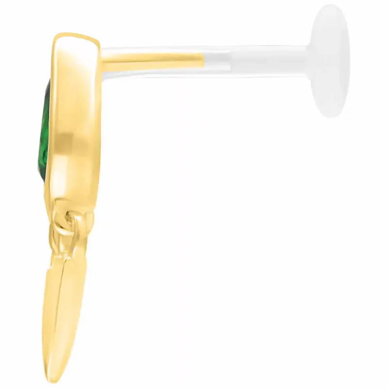 Tear Drop Internally Threaded Labret Gold Emerald Green